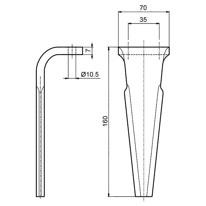 Obrázek k výrobku 42687 - Hřeb rotační brány 160X70x7mm Ø10,5 R2