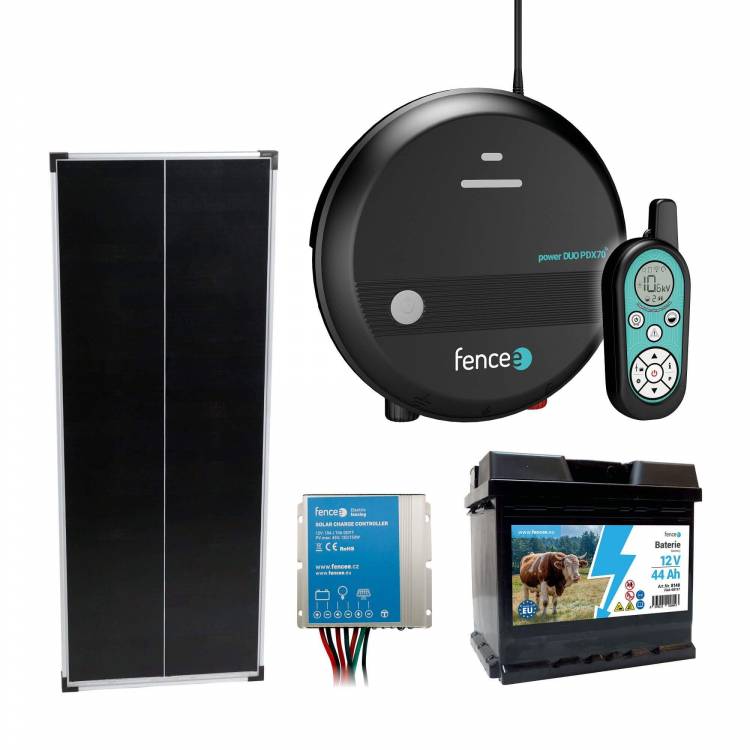 Obrázek k výrobku 120213 - Sada solární elektrický ohradník, 7J zdroj s dálkovým ovladačem, panel 100 W, regulátor a baterie 44 Ah