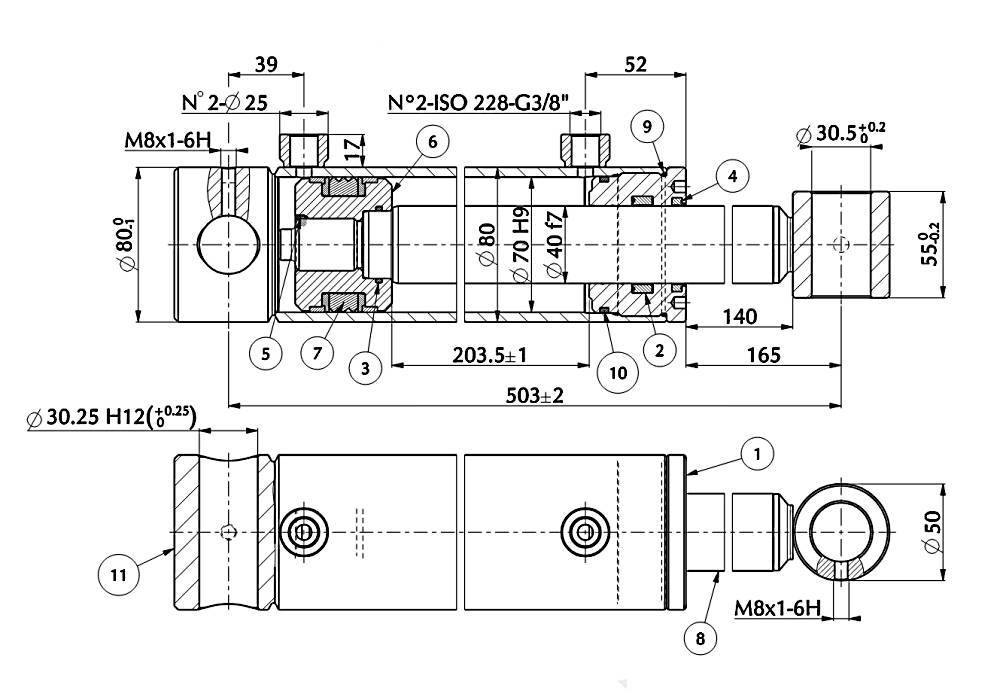 Obrázek k výrobku 61403 - Standardní dvoučinný hydraulický válec 70/40/203.5 - 503 mm