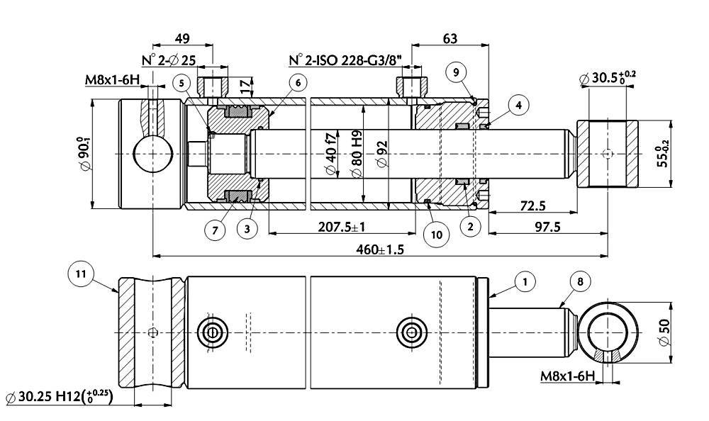 Obrázek k výrobku 61404 - Standardní dvoučinný hydraulický válec 80/40/207.5 - 460 mm