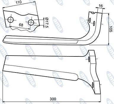 Specifikace - Hřeb KUHN pravý 525604 300x110x17,5 mm