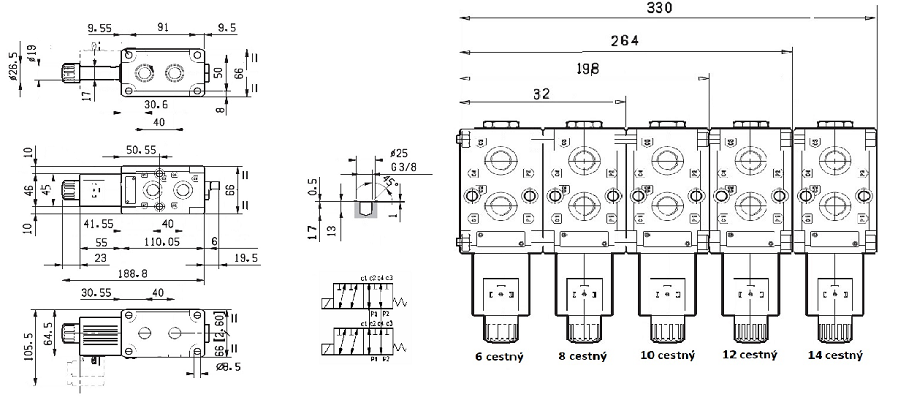 Specifikace - Průmyslový 6 cestný modulární ventil 50l, 12V, 3/8"