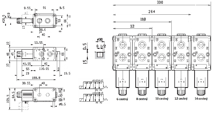 Specifikace - Průmyslový 6 cestný modulární ventil 90l, 12V, 1/2"